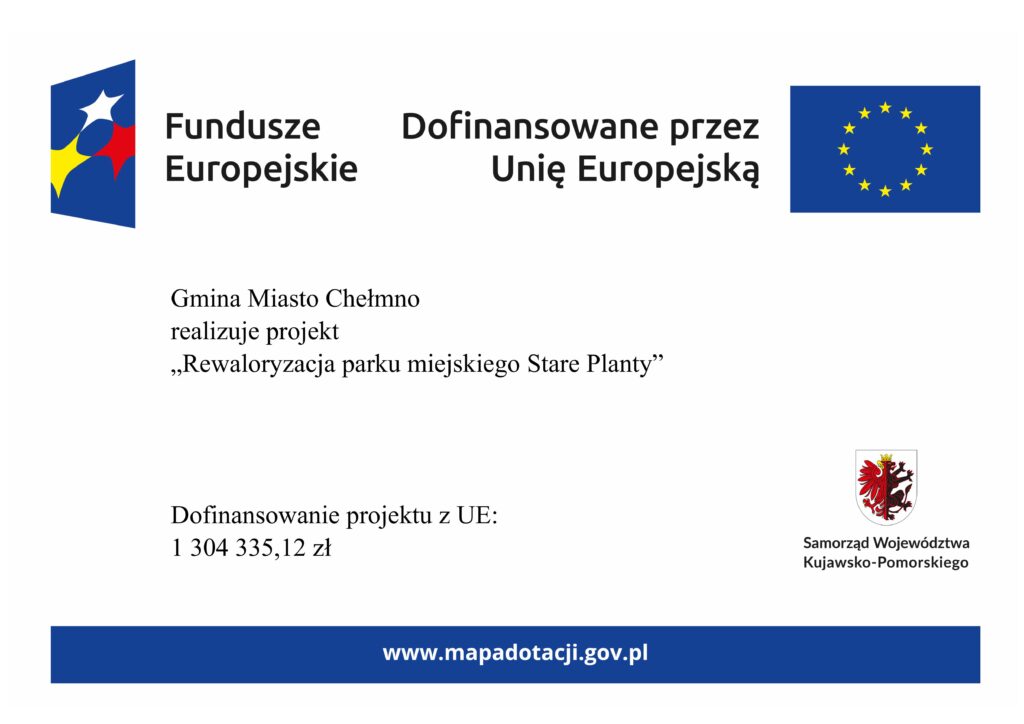 INFORMACJA Gmina Miasto Chełmno otrzymała dofinansowanie na realizację przedsięwzięcia pn. „Rewaloryzacja parku miejskiego Stare Planty” Projekt nr FEKP.05.07-IŻ.00-0001/25 jest współfinansowany ze środków Europejskiego Funduszu Rozwoju Regionalnego w ramach Priorytetu 5: Fundusze Europejskie na wzmacnianie potencjałów endogenicznych regionu, Działanie 5.7: Odnowa przestrzeni publicznych ZITy regionalne, Cel szczegółowy 5(i): Wspieranie zintegrowanego i sprzyjającego włączeniu społecznemu rozwoju społecznego, gospodarczego i środowiskowego, kultury, dziedzictwa naturalnego, zrównoważonej turystyki oraz bezpieczeństwa na obszarach miejskich, w ramach programu Fundusze Europejskie dla Kujaw i Pomorza 2021–2027. Cel projektu Celem projektu jest poprawa jakości oraz dostosowanie standardu przestrzeni publicznej na terenie Gminy Miasta Chełmno poprzez stworzenie miejsca sprzyjającego integracji społecznej, rekreacji oraz zrównoważonemu wykorzystaniu przez mieszkańców i turystów. Zakres realizowanych prac • zabezpieczenie 17 drzew na poziomie III Starych Plant, • rozbiórkę istniejącej nawierzchni głównej alejki promenady oraz wykonanie nowej nawierzchni, • demontaż zużytych oraz montaż nowych elementów małej architektury, w tym ławek parkowych, koszy na odpady, tablicy informacyjnej, stojaków rowerowych, barier wzdłuż jezdni na poziomie I oraz balustrady przy tarasie widokowym, • budowę placu zabaw wraz z montażem urządzeń zabawowych, • odbudowę schodów S2 oraz schodów z kostki granitowej wraz z montażem obustronnych balustrad, • wykonanie naturalnego faszynowania na poziomie III Starych Plant w rejonie odtworzonego punktu widokowego, • budowę instalacji oświetlenia parkowego poprzez montaż 9 lamp wraz z instalacją kamer monitoringu i ich podłączeniem do miejskiego systemu monitoringu, • budowę punktu czerpalnego wody na poziomie III Starych Plant, • sprawowanie nadzoru inwestorskiego nad realizacją robót. Grupa docelowa Projekt skierowany jest do mieszkańców Chełmna, mieszkańców gmin sąsiednich, w szczególności współtworzących Miejski Obszar Funkcjonalny Torunia, a także do turystów odwiedzających miasto. Wartość projektu i źródła finansowania Całkowita wartość projektu: 2 302 945,06 zł Dofinansowanie z Europejskiego Funduszu Rozwoju Regionalnego: 1 304 335,12 zł (56,64%) Dofinansowanie z budżetu państwa: 153 451,19 zł (6,66%) Wkład własny Gminy Miasto Chełmno: 845 158,75 zł (36,7%)