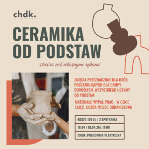 Zapraszamy na warsztaty ceramiczne „Ceramika od podstaw” w Chełmińskim Domu Kultury! Chcesz spróbować swoich sił w ceramice i stworzyć coś własnymi rękami? Podczas zajęć uczestnicy poznają podstawowe techniki pracy z gliną i samodzielnie wykonają wazon - od formowania aż po wykończenie. Warsztaty obejmują dwa spotkania: • pierwsze (16.04) – tworzenie przedmiotu od podstaw, • drugie (30.04) – szkliwienie i nadanie ostatecznego charakteru pracy. Warsztat kierowany do osób dorosłych (16 +). Warunkiem realizacji warsztatów jest zebranie minimum 5 uczestników. Cena (120 zł) obejmuje dwa spotkania oraz wszystkie materiały. Sala 19 (II pietro) - Chełmiński Dom Kultury. Link do zapisów: https://www.strefazajec.pl/course/view/id/86009 #bujamsiewkulturze #zyjkulturalnie