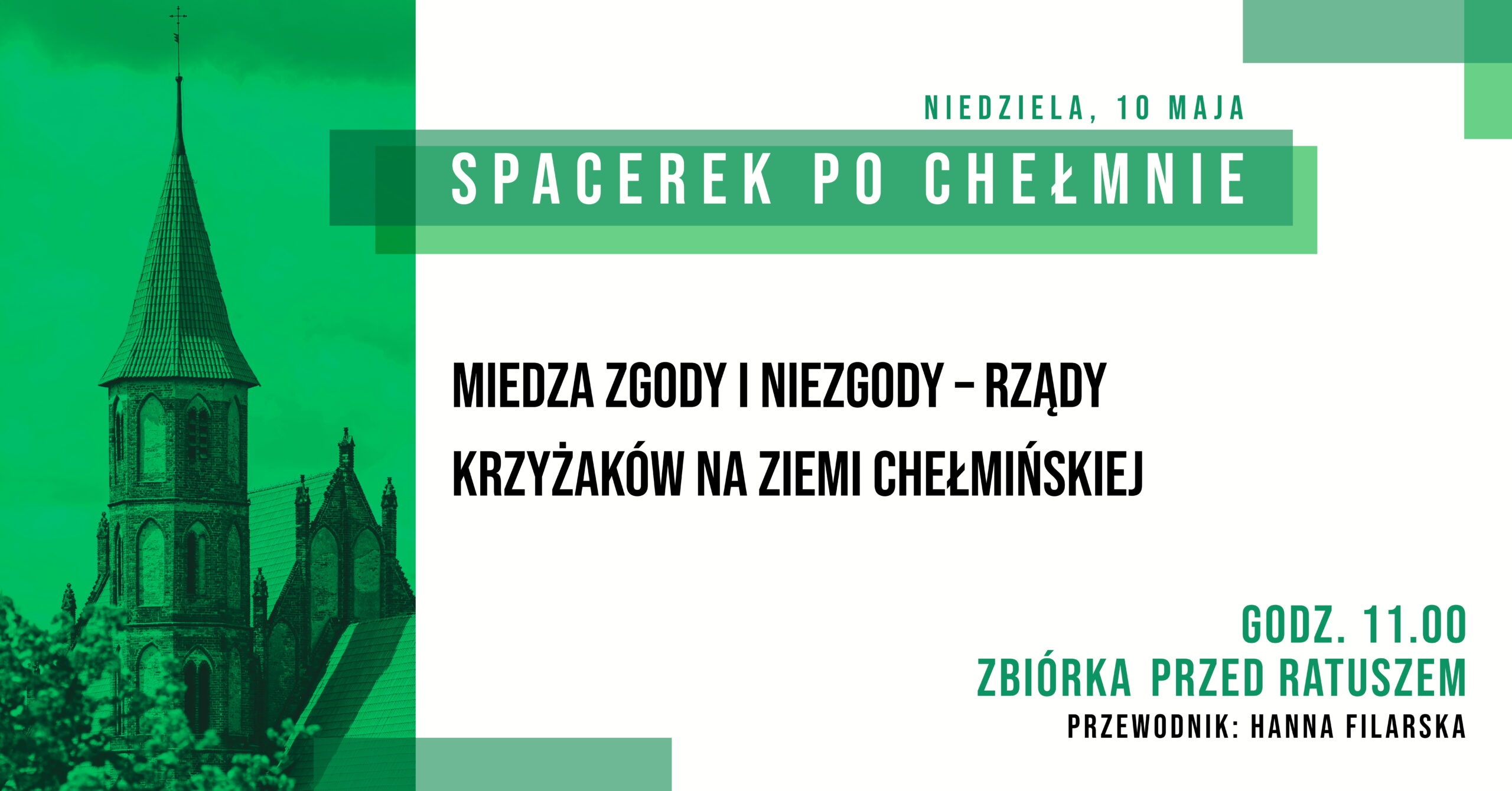 Zapraszamy 10 maja 2026 r. (niedziela) na wspólny spacer z przewodnikiem PTTK pt. Miedza zgody i niezgody – rządy Krzyżaków na Ziemi Chełmińskiej w ramach 30. edycji akcji pt. „Spacerki po Chełmnie” Na trasie zwiedzania m.in. zespół klasztorny, kościół podominikański, osada rycerska, spacer Plantami wzdłuż murów, ulica Grudziądzka, rynek, kościół farny pw. WNMP.  Przewodnik Hanna Filarska Zbiórka uczestników wycieczek o godz. 11.00 przed ratuszem – Muzeum Ziemi Chełmińskiej, ul. Rynek 28, Chełmno. Udział bezpłatny. 30. edycja akcji pt. „Spacerki po Chełmnie” w 2026 roku organizowana jest z okazji: 30-lecia Spacerków po Chełmnie, 120-lecia ruchu turystycznego w Chełmnie, 105-lecia pierwszego przewodnika po Chełmnie, 25 lat „Walentynek Chełmińskich” i Chełmna – miasta zakochanych®, 775. rocznicy odnowienia Przywileju Chełmińskiego (1 października 1251 r.) i 145 – rocznicy pierwszej na świecie resekcji żołądka z powodu owrzodzenia przeprowadzonej w Chełmnie przez prof. dr. Ludwika Rydygiera. Uwagi: Ubezpieczenie uczestników wycieczek we własnym zakresie. Organizatorzy zastrzegają sobie zmianę przewodnika lub tras ze względu na toczące się prace remontowo – konserwatorskie.  Na wycieczki rowerowe prosimy zabrać: ubezpieczenie osobiste uczestnika, okulary przeciwsłoneczne, napoje, odzież przeciwdeszczową. ! Ważne informacje dla rowerzystów i użytkowników hulajnog elektrycznych w poruszaniu się po ul. Grudziądzkiej w Chełmnie: na  ul. Grudziądzkiej w Chełmnie obowiązuje całkowity zakaz ruchu w obu kierunkach. Oznacza to, że żadna osoba korzystająca z tych pojazdów nie może wjechać na tę ulicę, niezależnie od wieku czy posiadanych uprawnień. Więcej Informacji znajdą Państwo pod linkiem: https://chelmno.pl/ogloszenia/wazne-informacje-dla-rowerzystow-i-uzytkownikow-hulajnog-w-poruszaniu-sie-po-ul-grudziadzkiej-w-chelmnie/ Więcej informacji i pełen program do pobrania: https://chelmno.pl/wydarzenia/30-spacerki-po-chelmnie-2026/ https://muzeumchelmno.pl/index.php/kolo-przewodnikow-pttk/spacerki-po-chelmnie-2026 Organizatorzy: Koło Przewodników PTTK w Chełmnie, FB – Koło Przewodników PTTK w Chełmnie; Muzeum Ziemi Chełmińskiej w Chełmnie, https://muzeumchelmno.pl; FB – Muzeum Ziemi Chełmińskiej, Instagram – muzeumchelmno; Urząd Miasta Chełmna / Gmina Miasto Chełmno (dofinansowanie), www.chelmno.pl, FB – Chełmno – miasto zakochanych, Instagram: @chelmno_miasto; Starostwo Powiatowe w Chełmnie (dofinansowanie) www.powiat-chelmno.pl , FB Powiat Chełmiński – Starostwo Powiatowe w Chełmnie; Parafia Rzymskokatolicka pw. Wniebowzięcia NMP w Chełmnie – Sanktuarium Matki Bożej Bolesnej, www.wnmpchelmno.pl , FB – Fara Chełmińska Zgromadzenie Sióstr Miłosierdzia św. Wincentego a Paulo w Chełmnie Prowincja Chełmińsko-Poznańska www.chelmnosm.pl/, FB www.facebook.com/szarytkichelmno; Europejski Szlak Gotyku Ceglanego www.eurob.org 9 Hills Festival, www.9hf.pl Aktualizacja: 09.05.2026 r., EP
