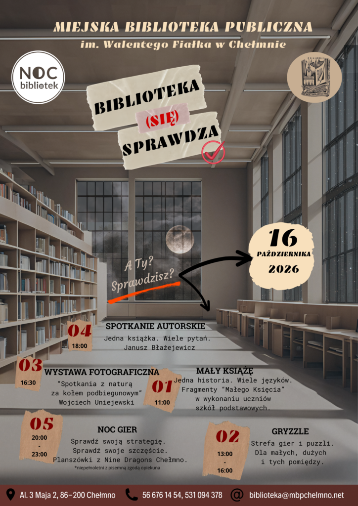 1. Plakat: U góry napis Miejska Biblioteka Publiczna im. Walentego Fiałka w Chełmnie, w lewym górnym rogu logotyp "Noc bibliotek", w prawym górnym rogu exlibris Miejskiej Biblioteki Publicznej im. Walentego Fiałka w Chełmnie. Poniżej napis "Biblioteka (się) sprawdza". A Ty? Sprawdzisz? Od pytania odchodzą dwie strzałki - jedna do daty 16 października 2026, a druga do ponumerowanego harmonogramu wydarzeń: - 01 (11:00) - Mały Książę Jedna historia. Wiele języków. Fragmenty "Małego Księcia" w wykonaniu uczniów szkół podstawowych. - 02 (13:00-16:00) - Gryzzle Strefa gier i puzzli. Dla małych, dużych i tych pomiędzy. - 03 (16:30) - Wystawa fotograficzna "Spotkania z naturą za kołem podbiegunowym" Wojciech Uniejewski - 04 (18:00) - Spotkanie autorskie Jedna książka. Wiele pytań. Janusz Błażejewicz - 05 (20:00-23:00) - Noc gier Sprawdź swoją strategię. Sprawdź swoje szczęście. Planszówki z Nine Dragons Chełmno. *niepełnoletni z pisemną zgodą opiekuna Poniżej dane teleadresowe: Al. 3 Maja 2, 86-200 Chełmno, 56 676 14 54, 531 094 378, biblioteka@mbpchelmno.net