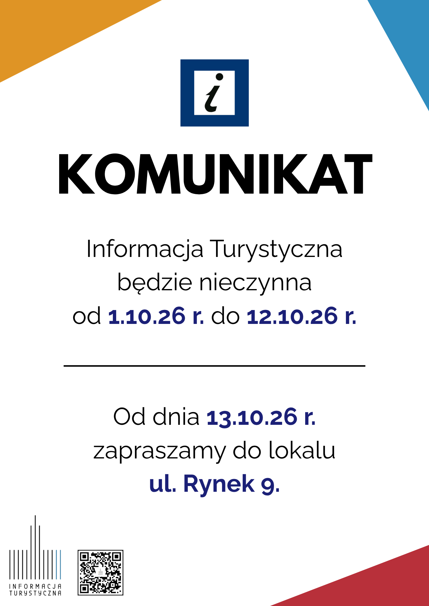 Turystyczna będzie nieczynna w dniach 1 - 12 października 2026 roku. Od 13 października 2026 r. zapraszamy Was już w nowej lokalizacji - ul. Rynek 9 W pilnych sprawach oraz w kwestii zamówienia usługi przewodnickiej po Chełmnie prosimy o kontakt pod nr tel. 56 686 16 41 lub +48 531094069 Za utrudnienia przepraszamy. Dodatkowo informujemy, że w związku z zakończeniem letniego sezonu turystycznego Muzeum Ziemi Chełmińskiej w Chełmnie będzie czynne: - od wtorku do soboty w godz. 8:00-16:00 Muzeum Ziemi Chełmińskiej